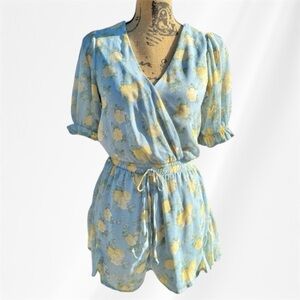 Altar’d State Floral Ruffle Romper Shorts Blue Yellow Green Size Small
